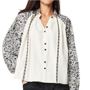 Roller Rabbit Embroidered Top Bishop Sleeves OVERSIZED Button Up Small